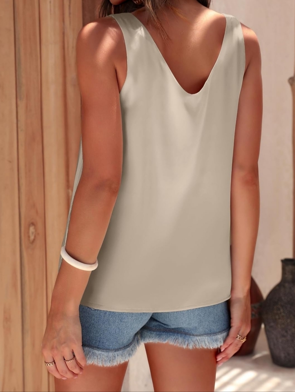 Elegant V-Neck Satin Camisole Tank Top - Cream - Picture 2 of 2